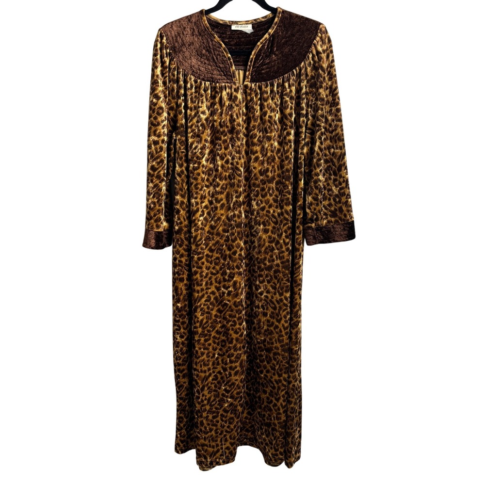 VTG CW Classics Leopard Print Velvet Long Sleeve Robe Caftan Brown Animal Print